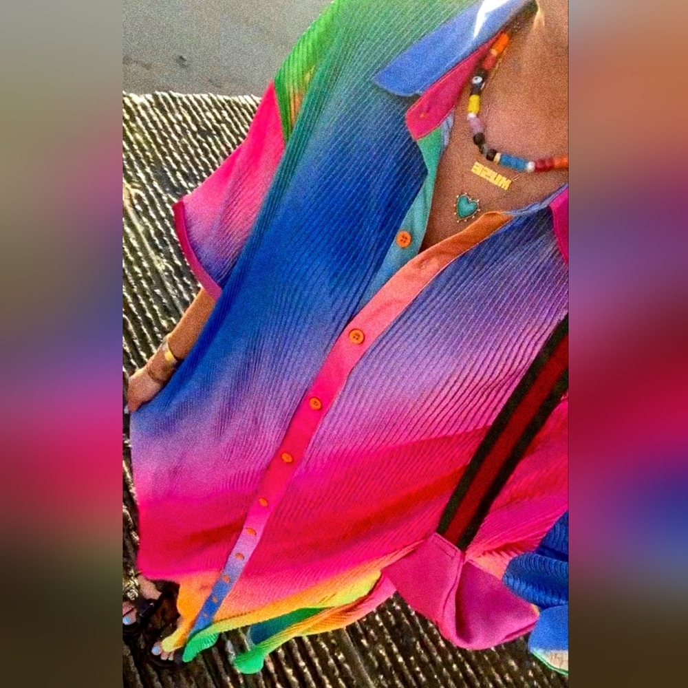 Dress in LALA So Far So Good Oversized Plissé Dress in Prismatic Rainbow